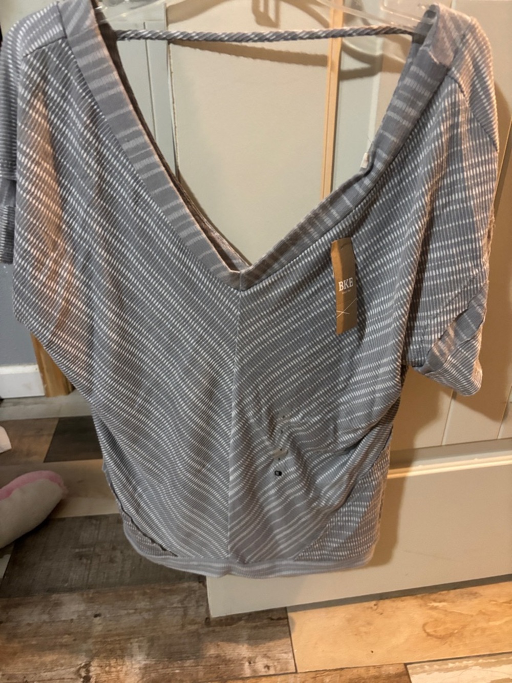 BKE Light Gray Striped V-Neck Dolman Tee
